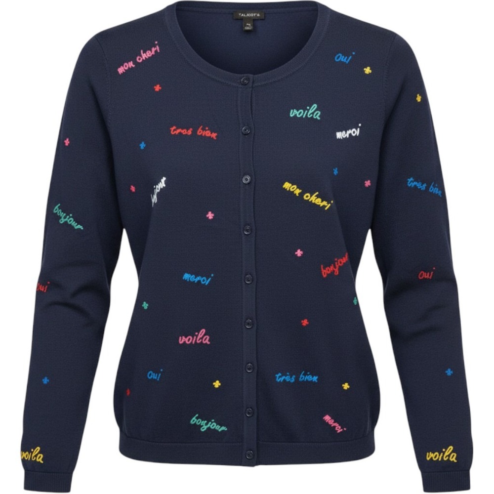 Talbots Navy Blue French Phrase Embroidered Cardigan Sweater NWT Size‎ M